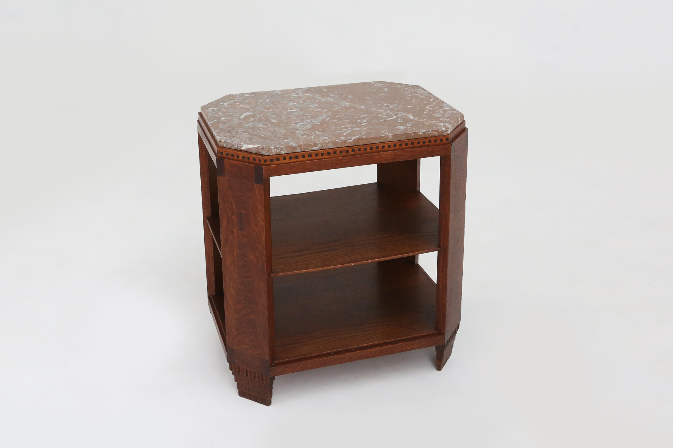 French Art Deco side table in wood with inlay and red marble top, ca. 1940thumbnail